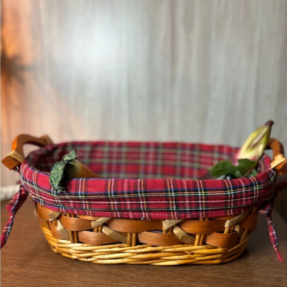 Decorative Folk Art Faux Fruit Vegetable Basket Plaid Liner Glazed Paper Mache